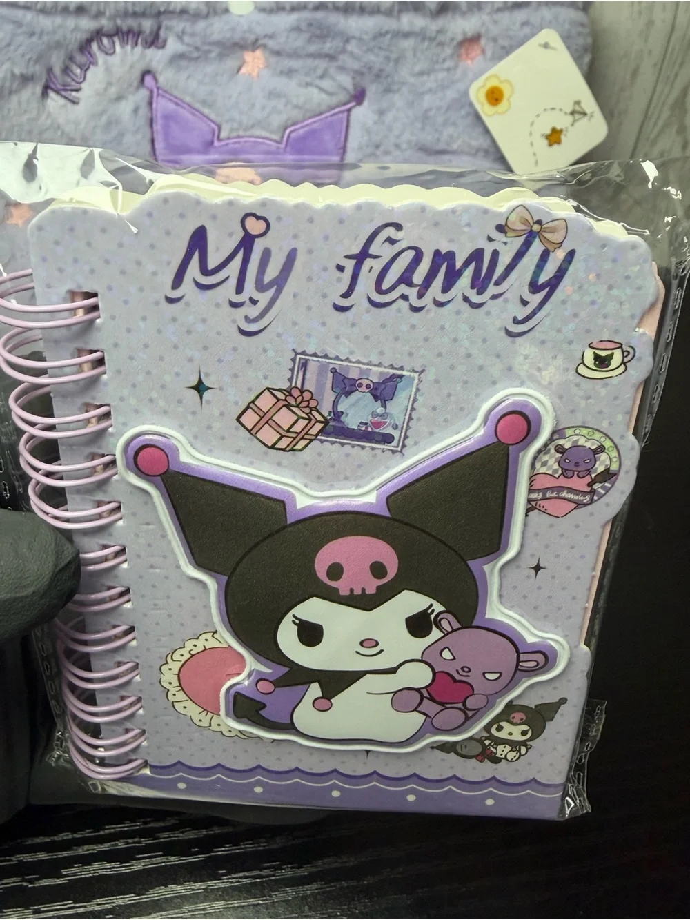 Lilac Plush Kids Kuromi Embroidered Handbag With Kute Kuromi Notepad